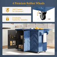 K&K 51.2"W 3D Wave Stripes Ash Veneer Not Cheap Paper Kitchen Island With Drop Leaf, Farmhouse Kitchen Island On Wheels With Internal Storage Rack, Rolling Kitchen Cart Navy Blue Navy Blue Nature