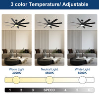 72 Inch Large Ceiling Fans With Lights And Remote, Indoor Outdoor Black Modern Ceiling Fan For Kitchen Living Room Patio, 6 Speed Reversible Quiet Dc Motor, Dual Finish 8 Blades Black Dark Walnut