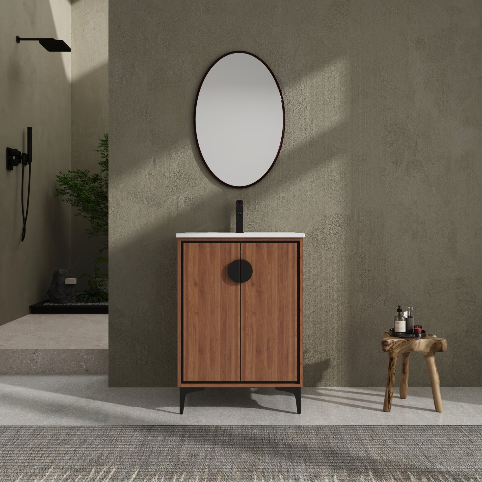 24'' Bathroom Vanity With Top Sink, Modern Bathroom Storage Cabinet With 2 Soft Closing Doors, Single Sink Bathroom Vanity Brown Bathroom American Design Ceramic Engineered Wood