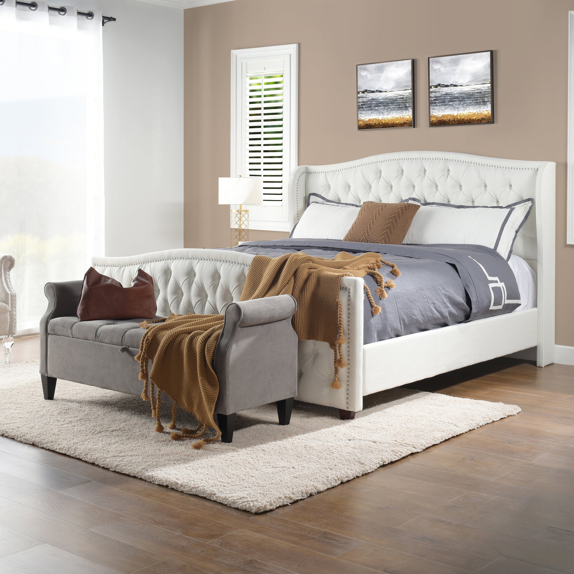 Marcella Upholstered Shelter Headboard Bed Set, California King, Antique White Polyester Box Spring Required California King Antique White Wood Foam Polyester Polyester