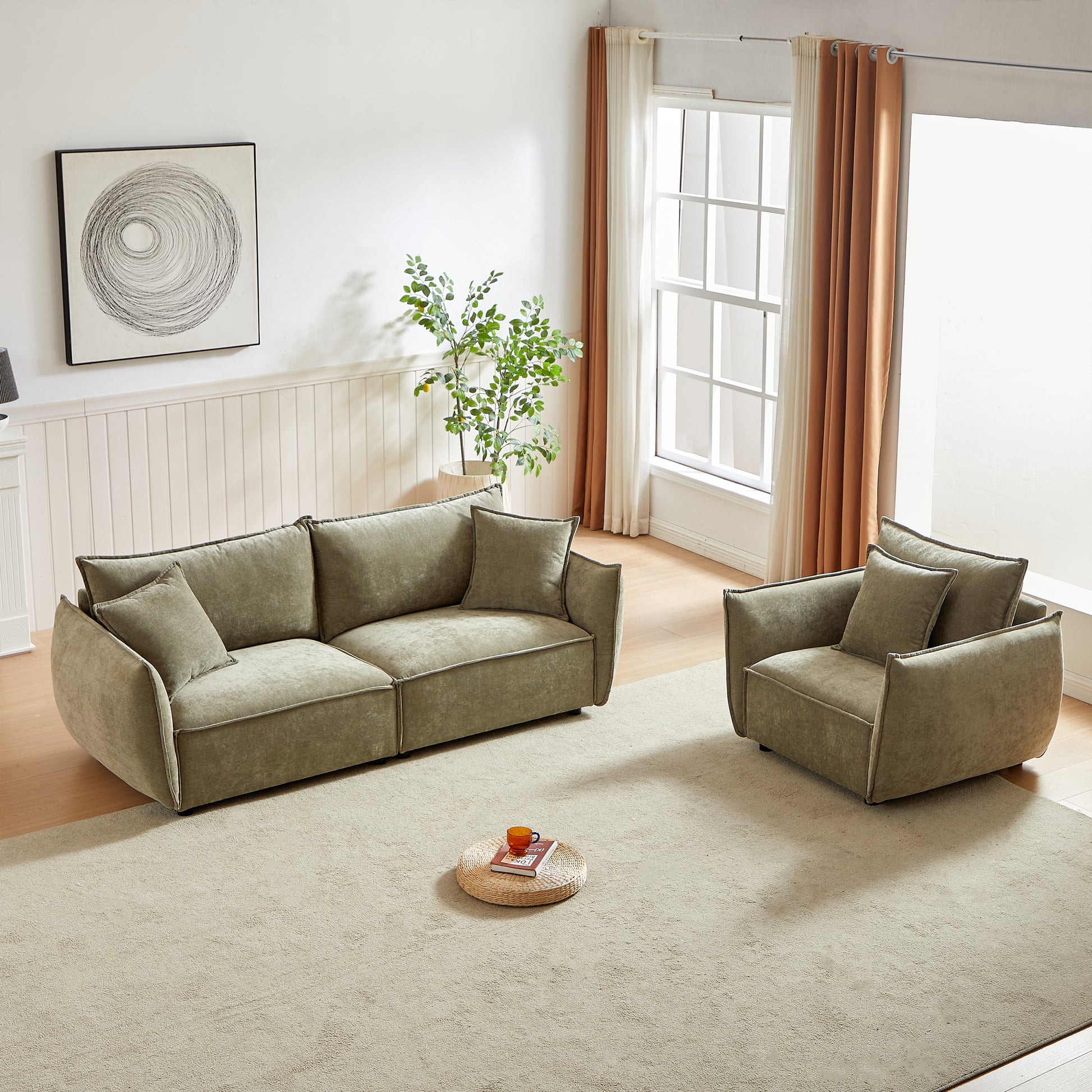 3 Seater 1 Seater Combo Sofa Modern Living Room Sofa, Linen Fabric Sofa, Wooden Frame With 3 Pillows, Apartment Sofa Furniture Light Green Chenille Wood Primary Living Space Pine Foam Fabric 4 Seat