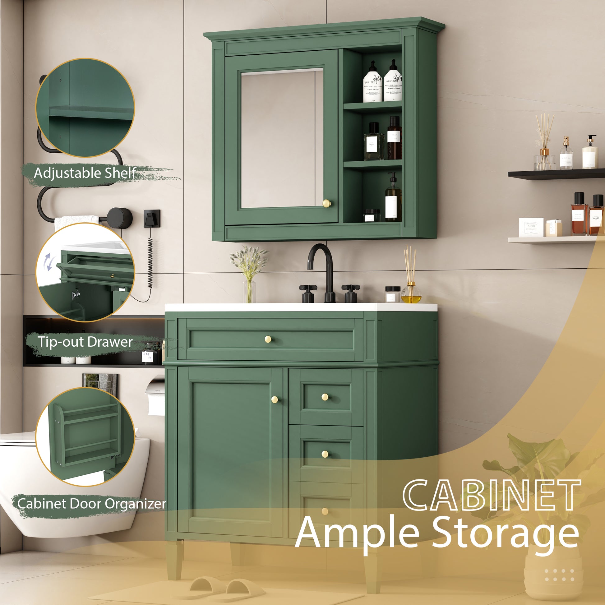 30'' Bathroom Vanity With Top Sink, Modern Bathroom Storage Cabinet With 2 Drawers And A Tip Out Drawer, Freestanding Vanity Set With Mirror Cabinet, Single Sink Bathroom Vanity 3 Green 2 4 Adjustable Hinges Bathroom Freestanding Solid Wood Mdf Resin