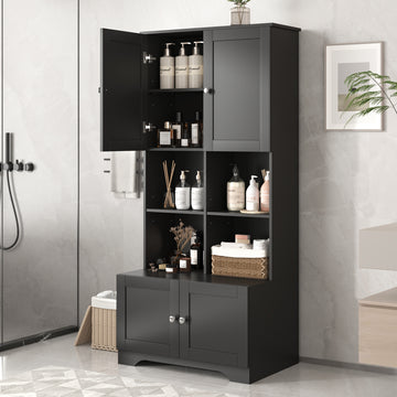 Tall And Wide Bathroom Floor Storage Cabinet, Bathroom Storage Unit, Freestanding Cabinet With 4 Doors, Adjustable Shelves, Open Multi Layer Shelves, Black Black Mdf