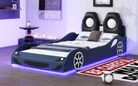 Wood Twin Size Race Car Shaped Platform Bed With Led And Upholstered Backrest, Blue Expected Arrival Time: 10.28 Box Spring Not Required Twin Blue Wood Faux Leather,Solid Wood Mdf