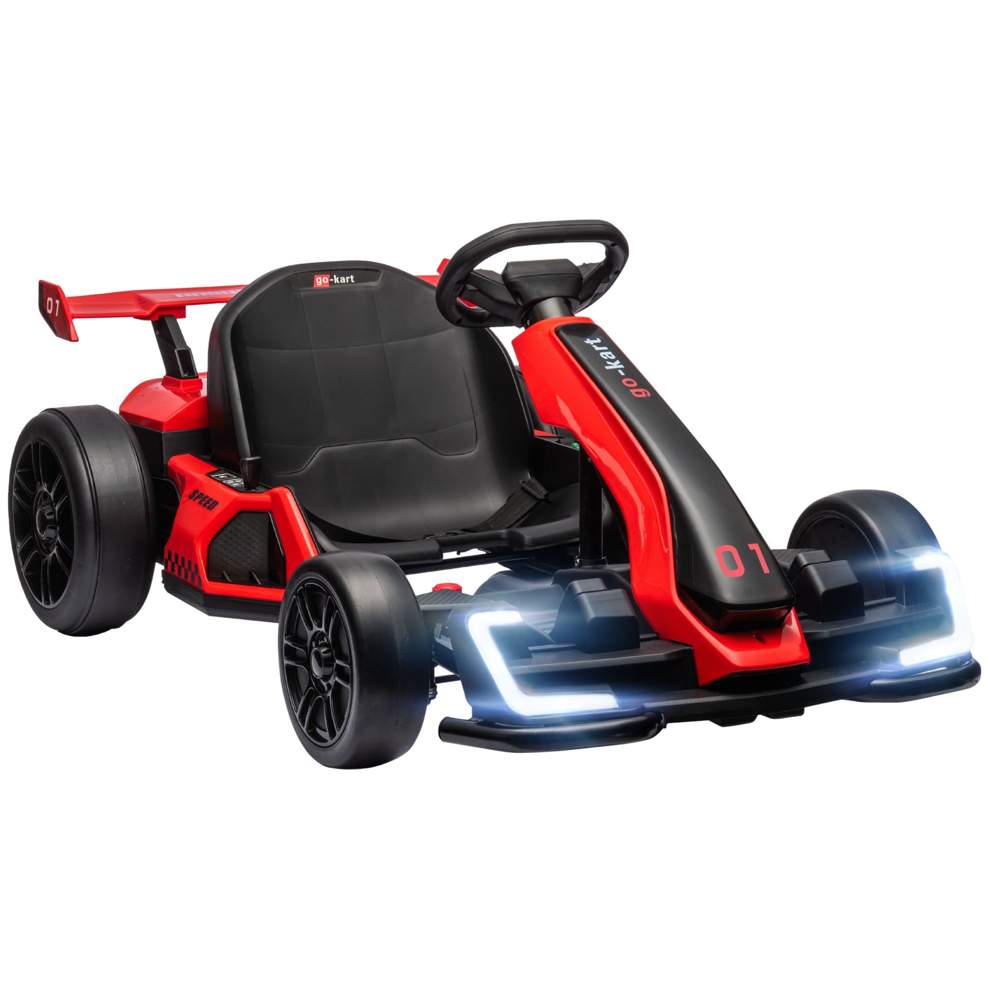 Aosom 24V 7.5 Mph Electric Go Kart With Adjustable Seat, Drifting Car Battery Powered Ride On Toy Outdoor With Slow Start, Button Start, Music, Honking Horn, Lights, For 6 12 Years Old, Red Red