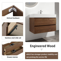 36" Wall Mounted Bathroom Vanity With Resin Sink, 2 Soft Close Drawers, Kd Package 2 Brown Oak Bathroom Wall Mounted Modern Plywood