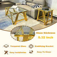 20 Inch Square End Table, Modern Stainless Steel End Table, Double Layer Clear Tempered Glass Coffee Table, Side Table With Storage, For Living Room Home Office, Gold Clear,Gold Open Storage Square