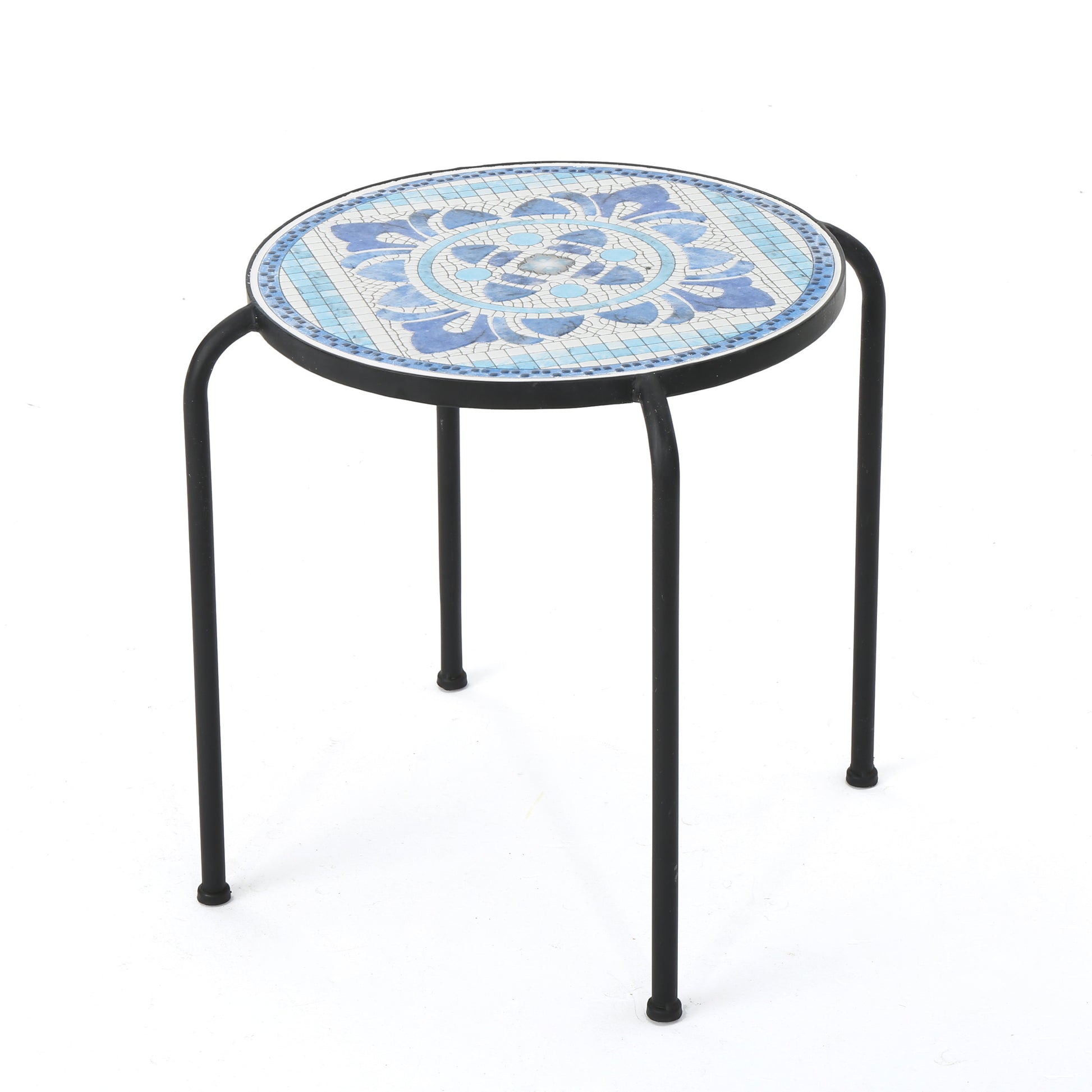 Skye End Table White Blue Ceramic Tile Iron