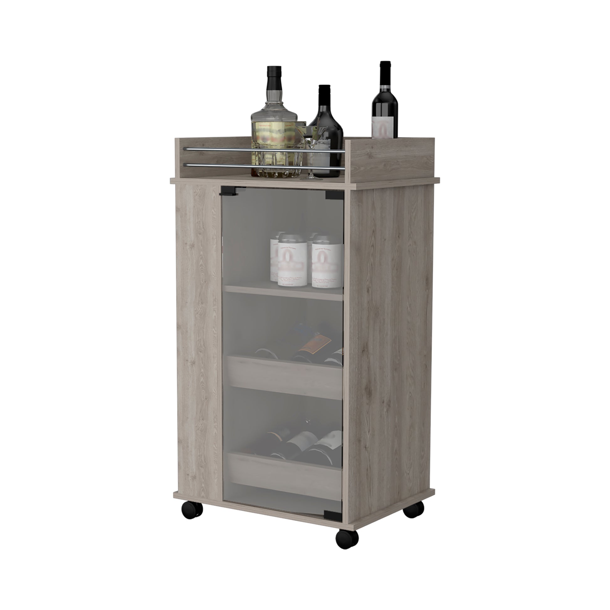 Baltimore Bar Cart With Casters, Glass Door And 2 Side Shelf Grey Primary Living Space Modern Rectangular Particle Board Engineered Wood Medium 40 55In