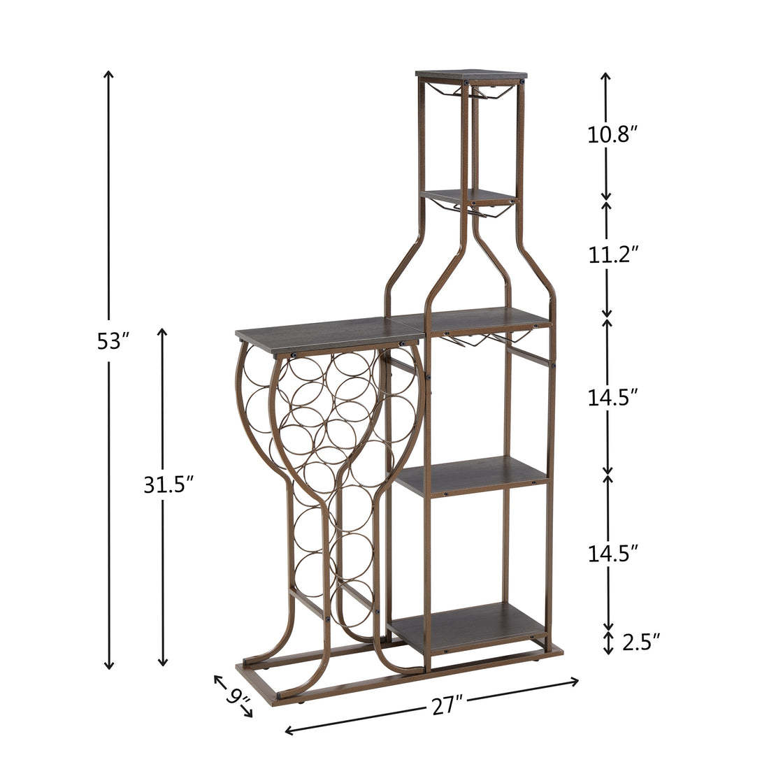 Grey 11 Bottle Wine Bakers Rack, 5 Tier Freestanding Wine Rack With Hanging Wine Glass Holder And Storage Shelves, Wine Storage Home Bar For Liquor And Wine Storagefor Kitchen, Dining Room Grey Metal & Wood Metal & Wood