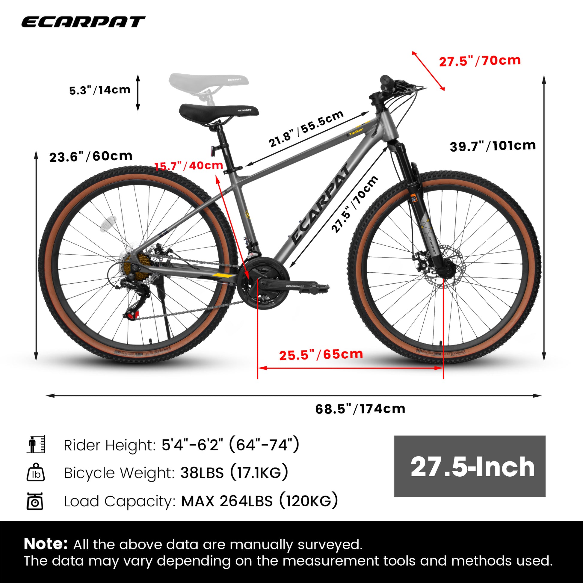 A27312 Ecarpat Mountain Bike 27 Inch Wheels, 21 Speed Mens Womens Trail Commuter City Mountain Bike, Aluminium Frame Disc Brakes Thumb Shifter Front Fork Bicycles Gray Without Garden & Outdoor Classic Steel