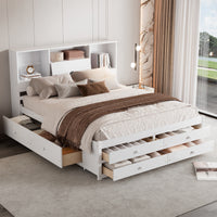 Queen Size Platform Bed With Storage Headboard And 8 Drawers, White Box Spring Not Required Queen White Wood Bedroom Bed Frame Solid Wood Mdf