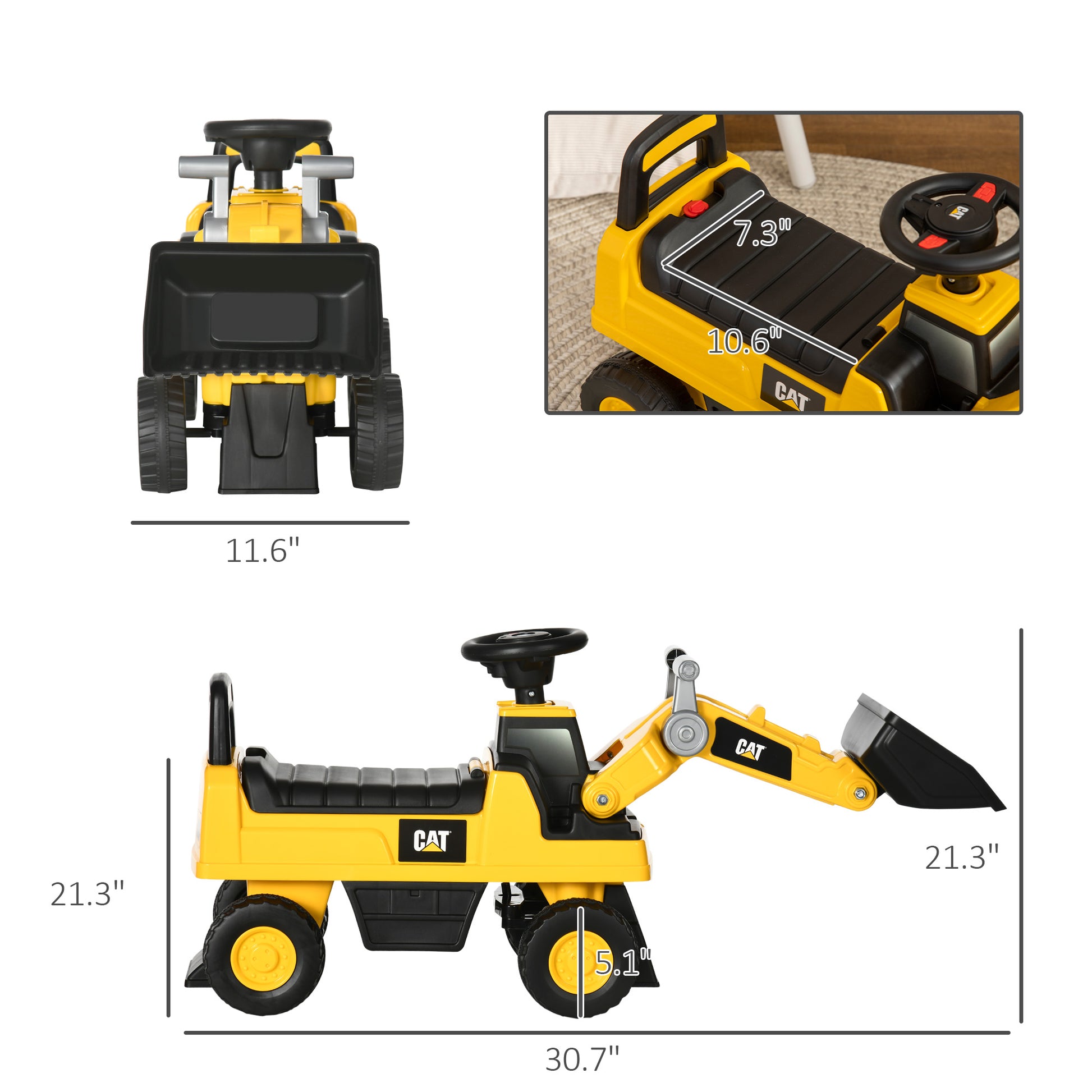 Aosom Ride On Excavator For Kids, Caterpillar Cat Licensed Ride On Digger Construction Vehicles With Manual Shovel, Horn, Hidden Storage, Foot To Floor No Power Kids Ride On Car For 1.5 3 Years Yellow Plastic