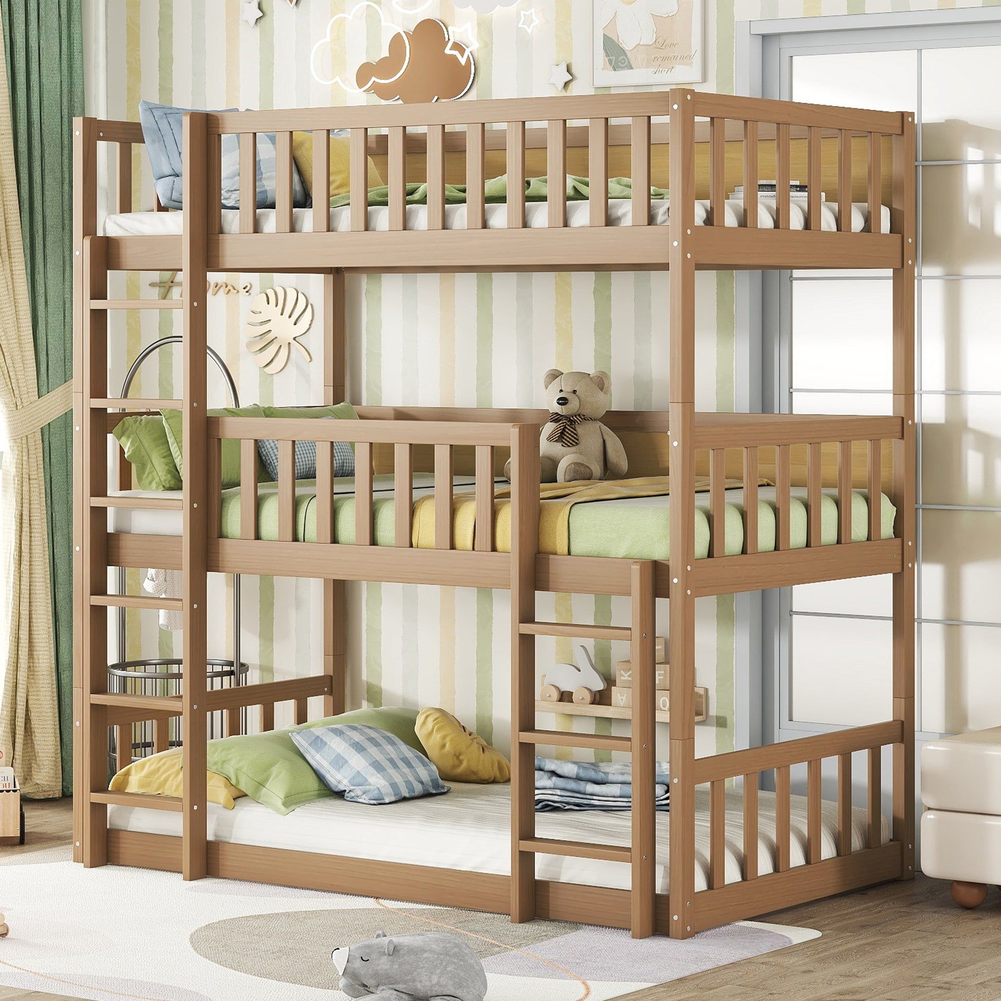 Twin Size Triple Rubber Wood Bunk Bed, With Ladders, Guardrails Detachable Bunk Bed, Twin Over Twin Over Twin,White Oak Twin White Oak Bedroom American Design Bed Frame Rubber Wood