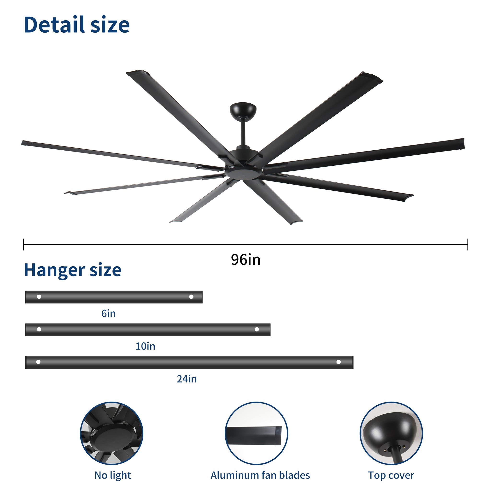 96 Inch Industrial Dc Motor Ceiling Fan, Large Ceiling Fan With 8 Reversible Blades, 5 Speed Remote Control, Home Or Commercial Ceiling Fans For Porch Garage Shop, Black Black Aluminium