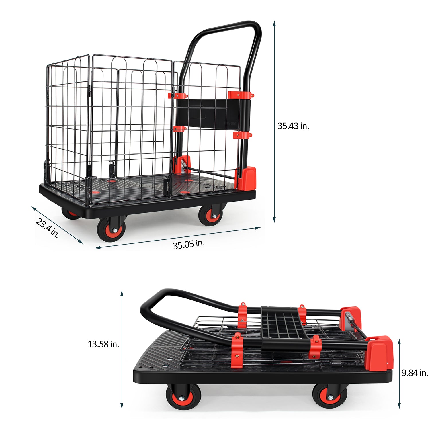 Foldable Platform Push Hand Truck Cart, Basket Cage Cart, 660 Lbs. Weight Capacity Black Red Metal