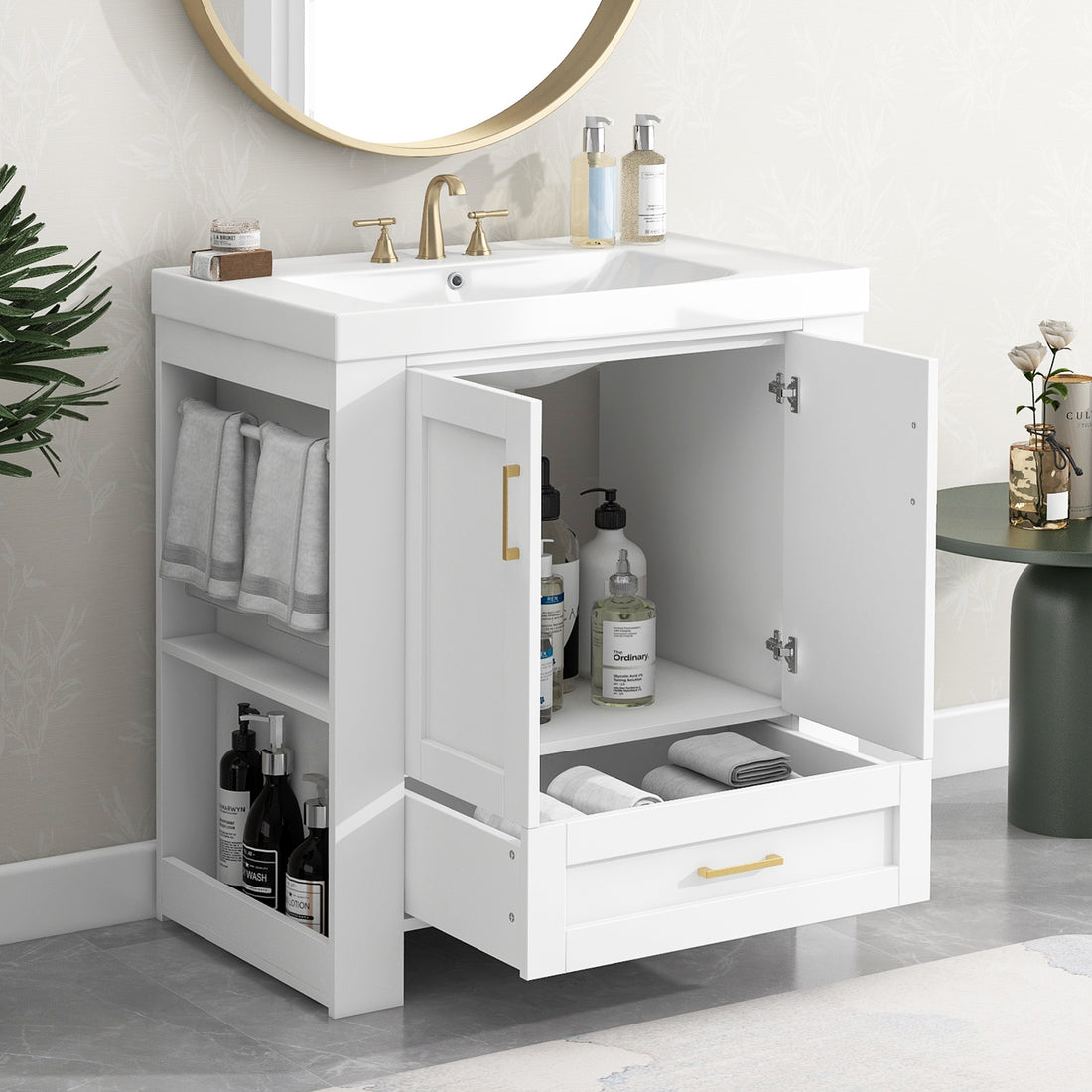 30'' Bathroom Vanity With Seperate Basin Sink, Modern Bathroom Storage Cabinet With Double Sided Storage Shelf, Freestanding Bathroom Vanity Cabinet With Single Sink 1 White Adjustable Hinges Bathroom Freestanding Solid Wood Mdf Resin Painted