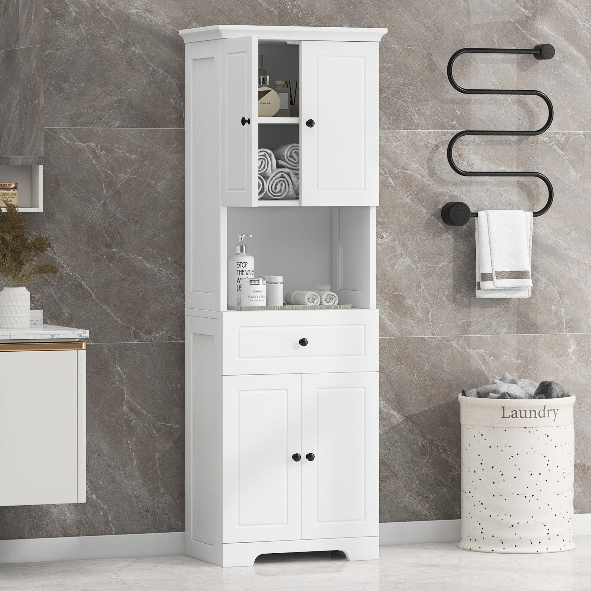 Tall Bathroom Cabinet With Four Doors, Large Storage Space Open Shelve, Upper Storage Cabinet, White White Mdf