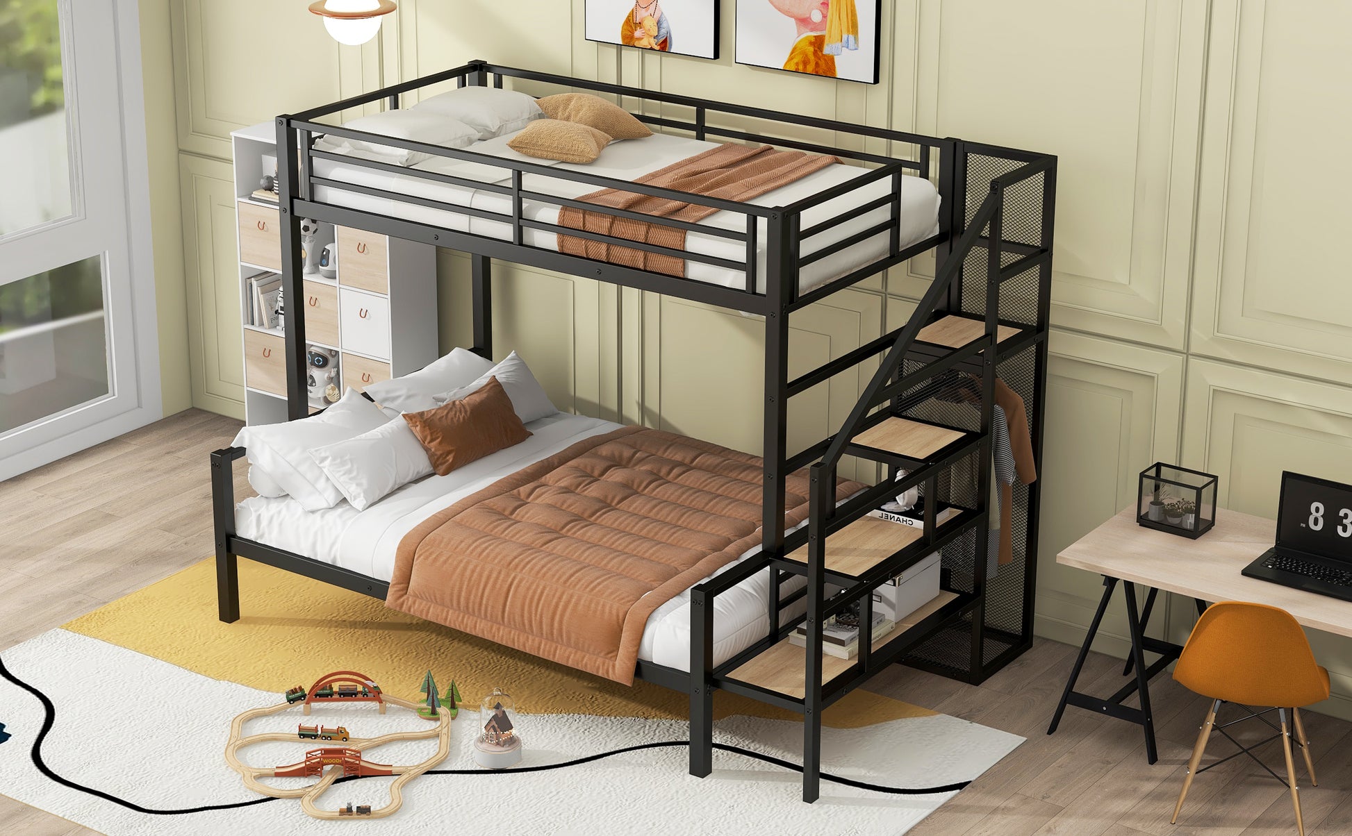 Twin Over Full Size Metal Bunk Bed With Storage Staircase And Open Wardrobe,Black Expected Arrival Time:11.15 Black Mdf Metal