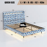 Queen Floating Bed Frame With Led Light And Charging Station Upholstered Platform Bed Frame Queen Size With Headboard And Hidden Storage Space, No Box Spring Needed, Blue Box Spring Not Required