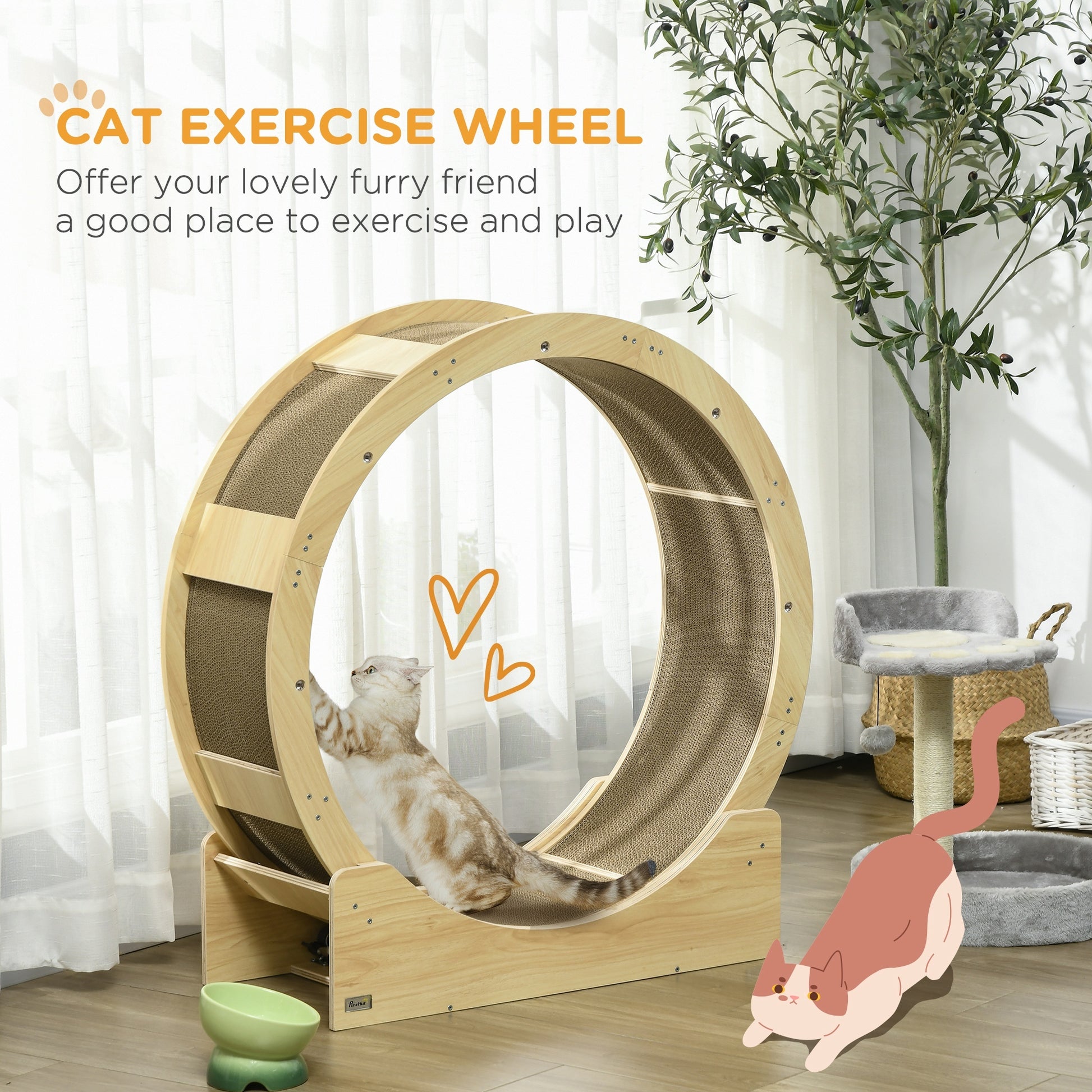 Pawhut Cat Wheel For Indoor Cats, 36" Cat Treadmill With Scratching Pads, Cat Exercise Running Wheel With Brake For Health And Fitness, Oak Oak Wood