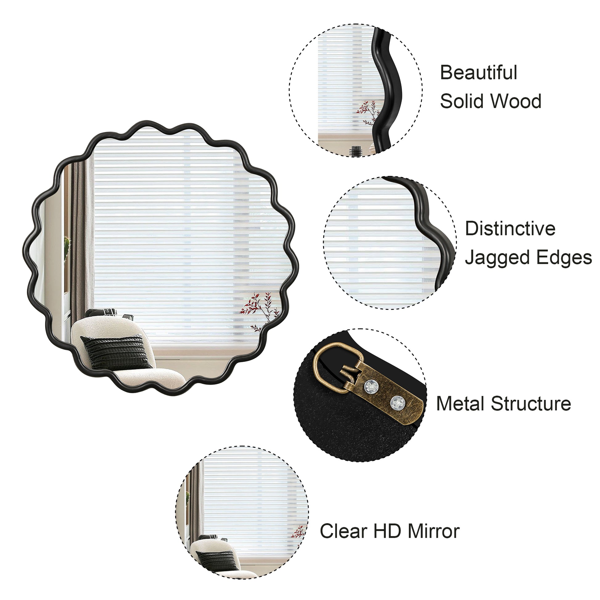 Solid Wood Wavy Mirror Black Vanity Mirror Wall Decor 36" X 36" Modern Mirror Wall Decor For Bathroom, Bedroom, Living Room, Dining Room, Cloakroom, Entryway Oval Or Circle Framed Black Living Room Large 33In 40In Glass Solid Wood