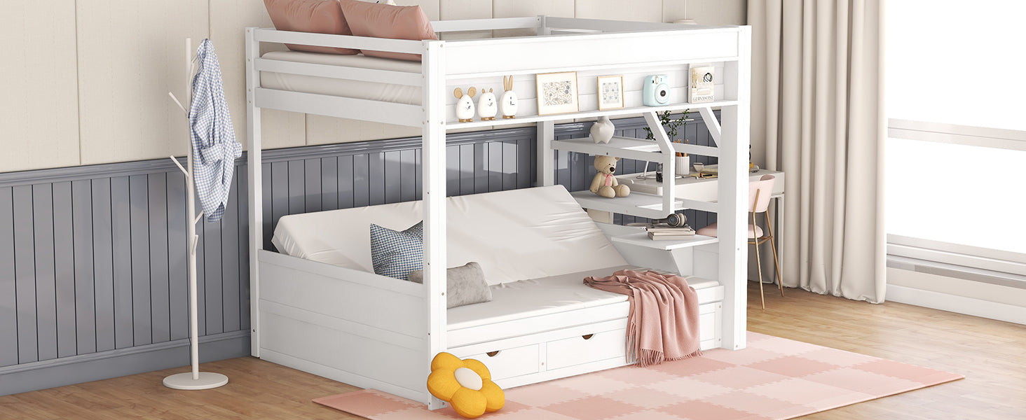 Wood Full Size Convertible Bunk Bed With Storage Staircase, Bedside Table, And 3 Drawers, White White Solid Wood Mdf