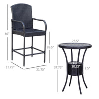 Outsunny Rattan Wicker Bar Set For 3 Pcs With Ice Buckets, Patio Furniture With 1 Bar Table And 2 Bar Stools For Poolside, Backyard, Porches Dark Brown Steel