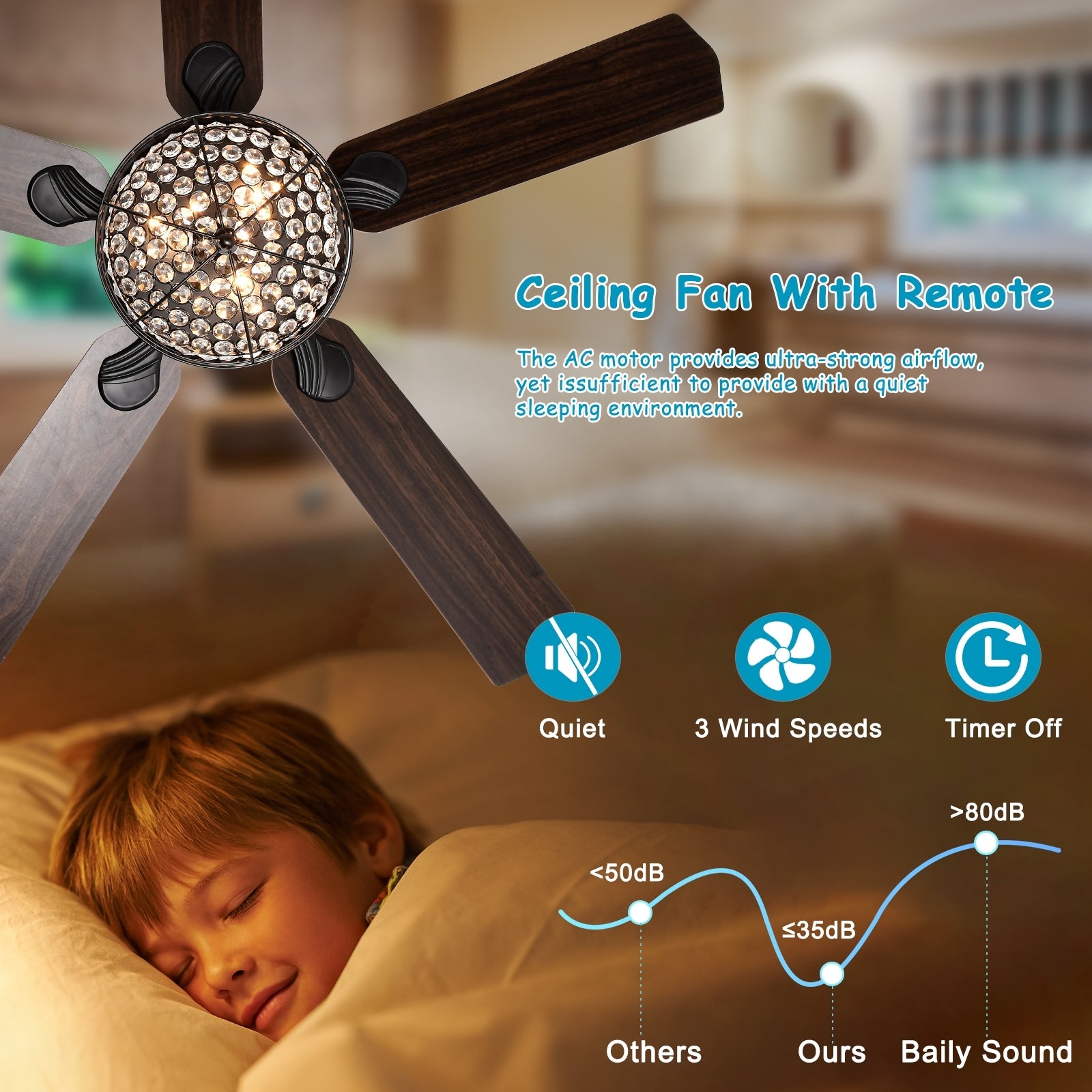 Modern Design Living Room 52 Inch Decorative Crystal Chandelier Ceiling Fan With Light Matt Black American Design,American Traditional,Antique,Classic Plywood Iron