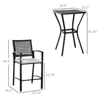 Outsunny 3Pcs Patio Bar Set With Soft Cushion, Rattan Wicker Outdoor Furniture Set For Backyards, Lawn, Deck, Poolside Black Steel