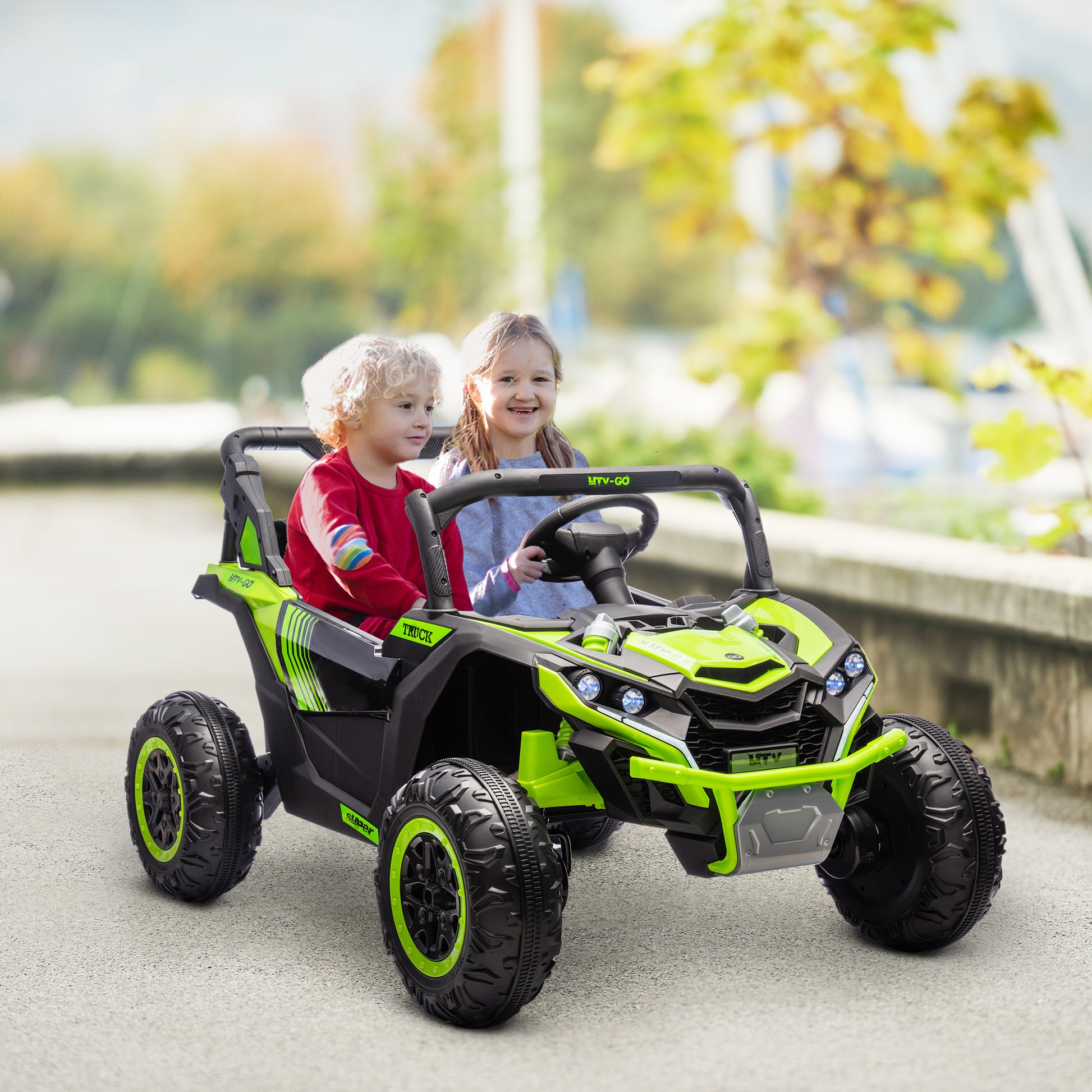 Qaba 24V 7Ah Ride On Utv, 2 Seater 4Mph Kids Electric Car Ride On Battery Powered Toy With 4 Shock Absorbers, Music Horn And Led Lights, For Toddlers 3 8 Years, Green Green Plastic