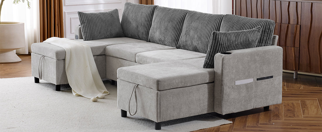 111.8" Sectional Sofa Pull Out Sofa Bed Versatile Sofa Sleeper With Large Storage Space, Two Usb Ports And Two Cup Holders For Living Room, Grey Grey Foam Chenille 4 Seat