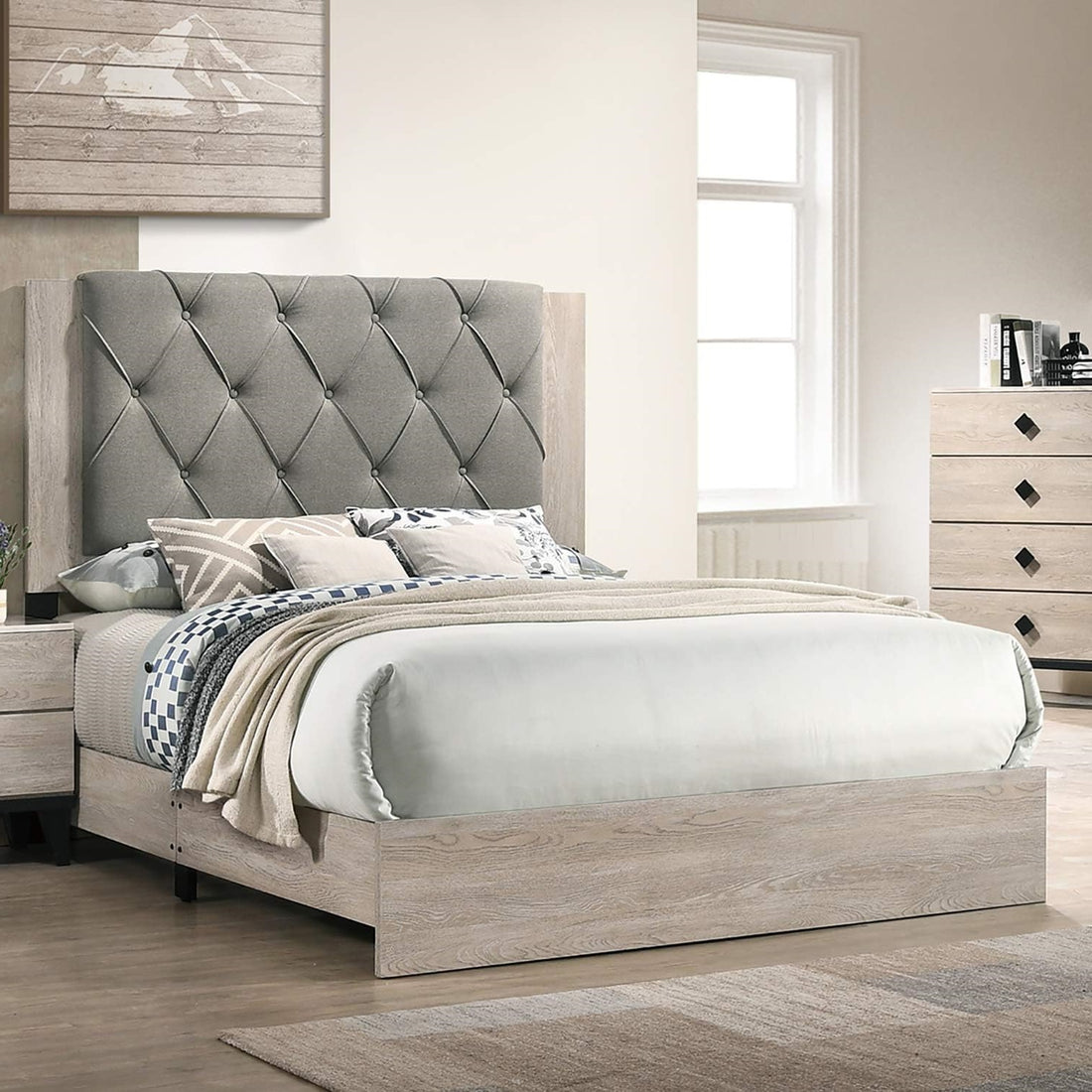 Contemporary 1Pc Cream Finish Eastern King Size Bed Bedroom Furniture Gray Tufted Design Headboard Rubberwood 1Pc Bedframe Box Spring Required King Cream Grey Wood Bedroom