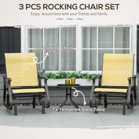 Outsunny 3 Piece Outdoor Gliders Set Bistro Set With Steel Frame, Tempered Glass Top Table For Patio, Garden, Backyard, Lawn, Beige Beige Fabric Metal