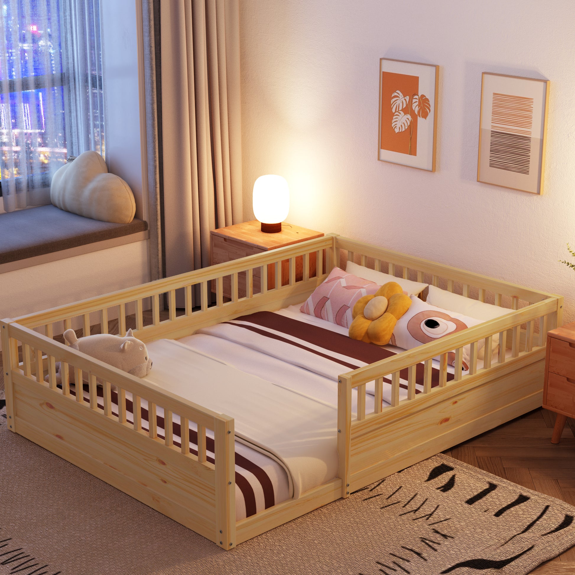 Full Floor Bed Frame With Fence, Wood Kids Floor Beds Frame For Bedroom Playroom,Natural Expect Arrive Date Jul. 10Th Full Natural Pine