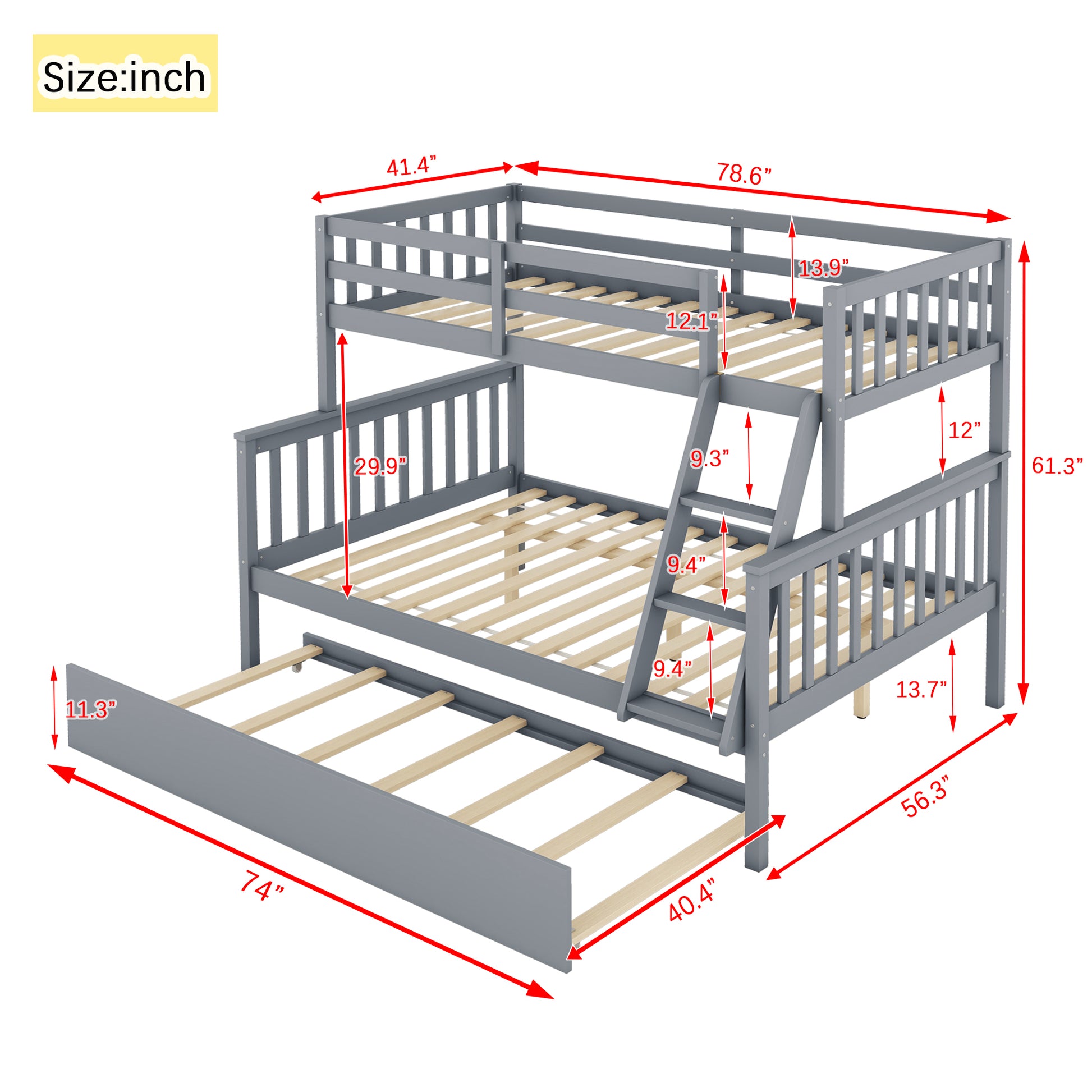 Twin Over Full Rubber Wood Bunk Bed With Trundle, Convertible Ladder And Guardrail, Detachable, Convertible Bed, With Twin Size Trundle ,Grey Twin Grey Rubber Wood