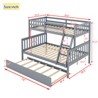 Twin Over Full Rubber Wood Bunk Bed With Trundle, Convertible Ladder And Guardrail, Detachable, Convertible Bed, With Twin Size Trundle ,Grey Twin Grey Rubber Wood