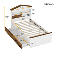 Twin Size House Shaped Wooden Bed With Storage Shelf On The Headboard, Built In Two Storage Drawers, Brown Brown White Wood