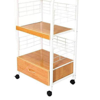 59.5" Tall 3 Tier Microwave Kitchen Cart With Drawer And Outlet, White And Natural Natural White Metal