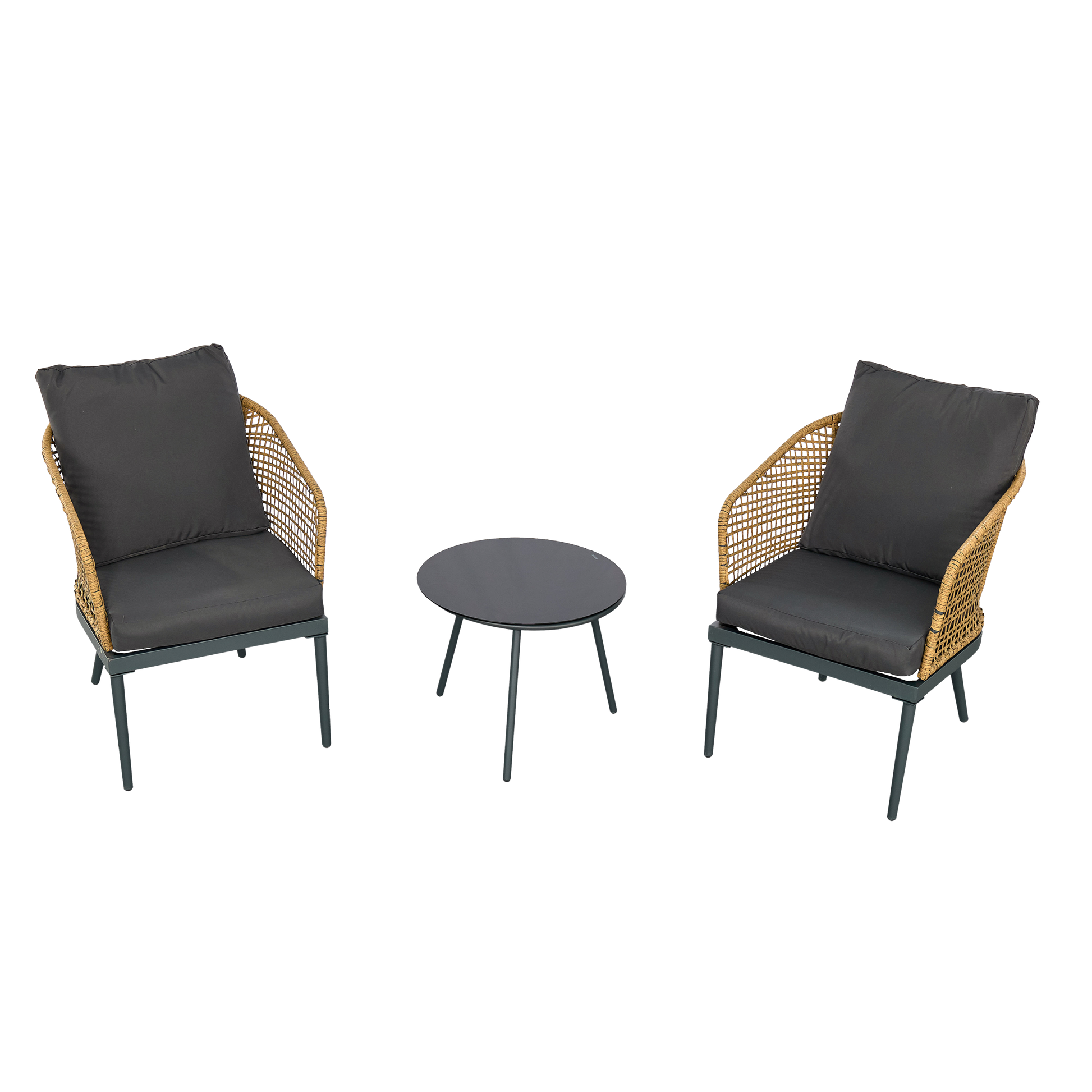 Outdoor Wicker Chairs And Table Bistro Conversation Furniture Set, 3 Pieces For Porch, Balcony, Deck, Patio, Backyard, Natural Color Gray Aluminum