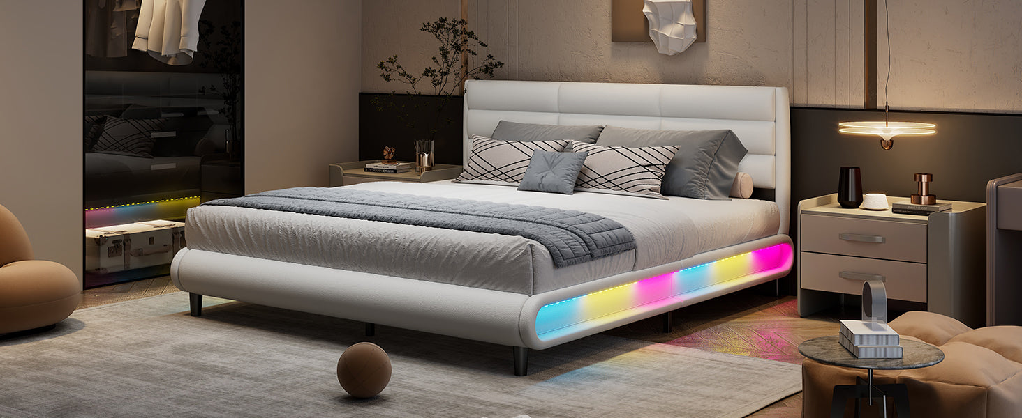 King Size Upholstered Platform Bed With Led Light Strips,White King White Upholstered