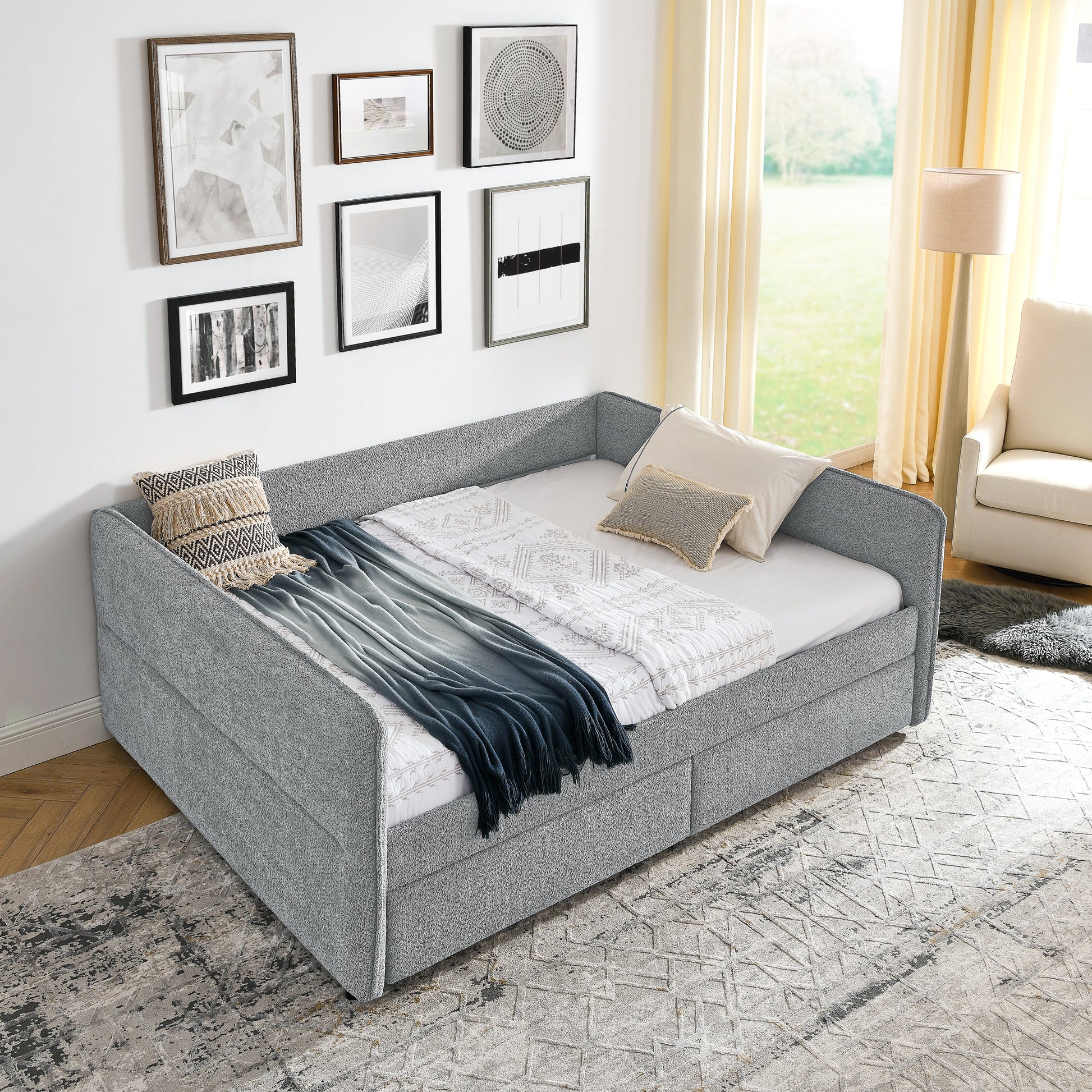 Daybed With Trundle Upholstered Tufted Sofa Bed, With Two Drawers, Queen Size, Boucle Fabric, Grey 88"X65.5"X29.5" Grey Boucle