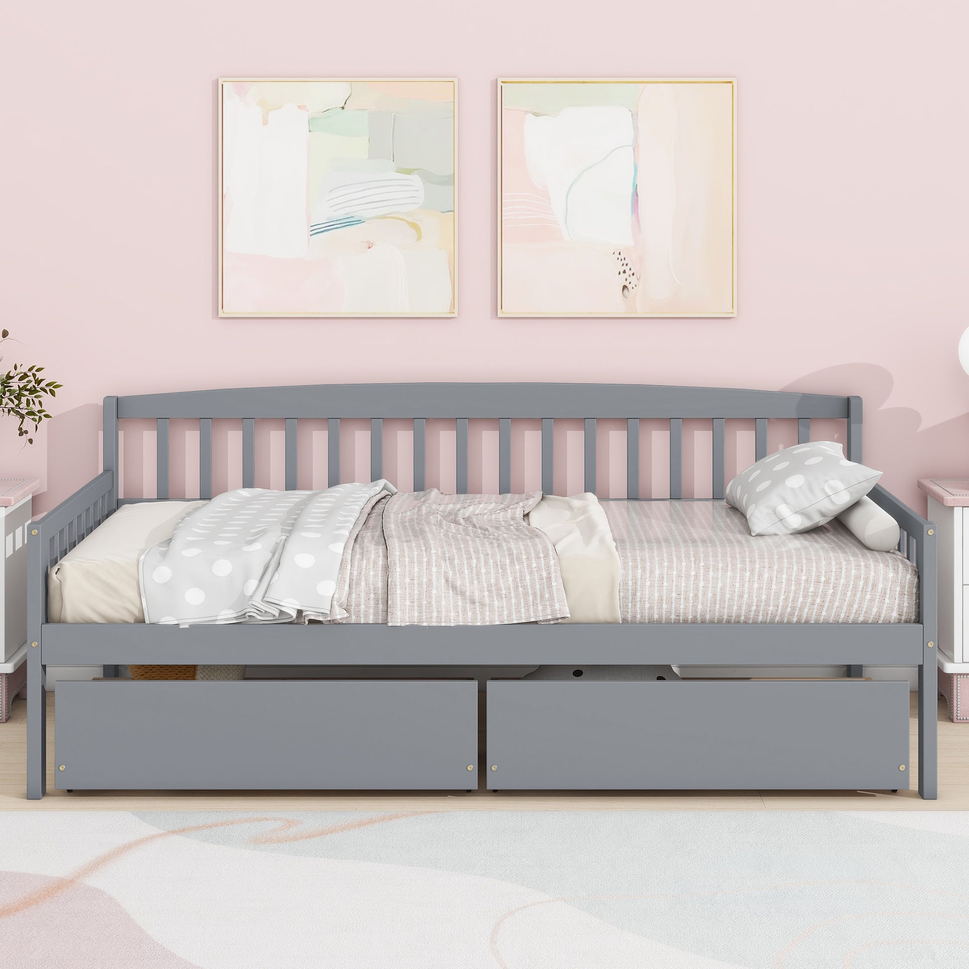 Twin Size Pine Wood Daybed With Two Storage Drawers, Sofa Bed With Bed Platform Of 10 Support Slats,Grey Twin Grey Pine