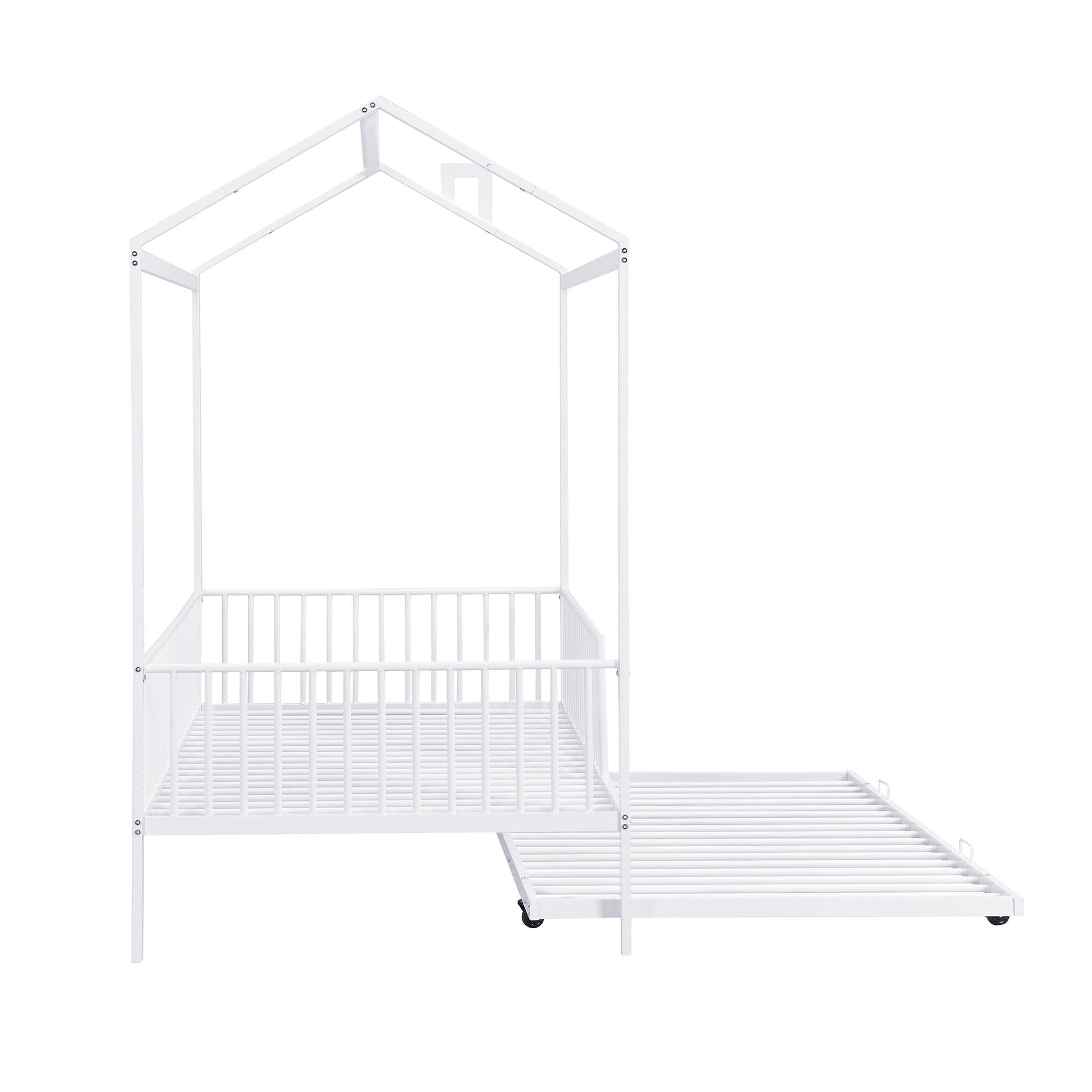 Twin Size Metal House Bed With Fence, With Trundle, White Twin White Metal