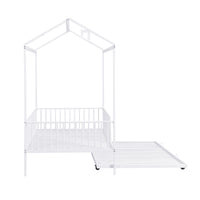 Twin Size Metal House Bed With Fence, With Trundle, White Twin White Metal