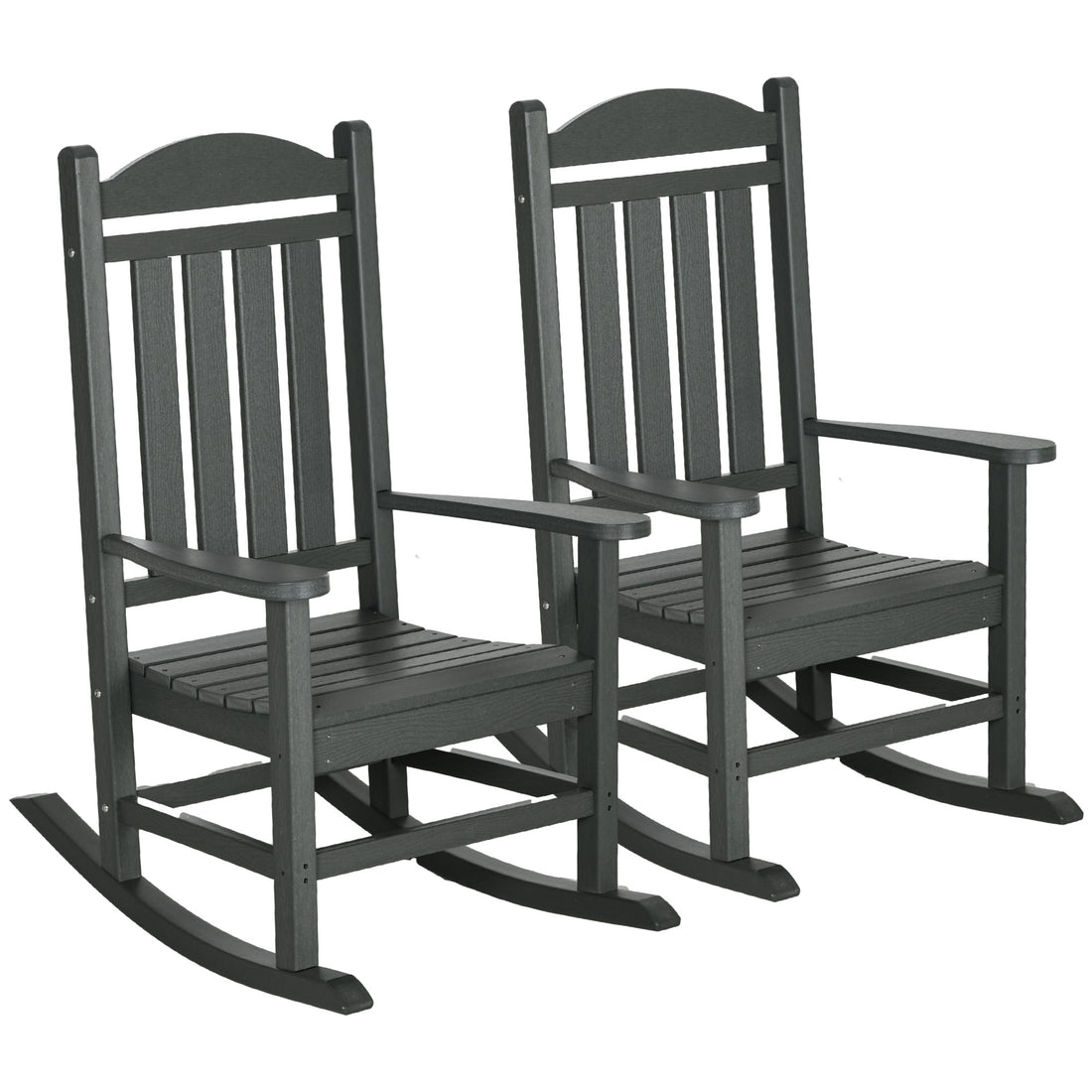 Outsunny 2 Pieces Outdoor Rocking Chair, All Weather Resistant Hdpe Rocking Patio Chairs With Rustic High Back, Armrests, Oversized Seat And Slatted Backrest, 350Lbs Weight Capacity, Dark Gray Dark Gray Plastic