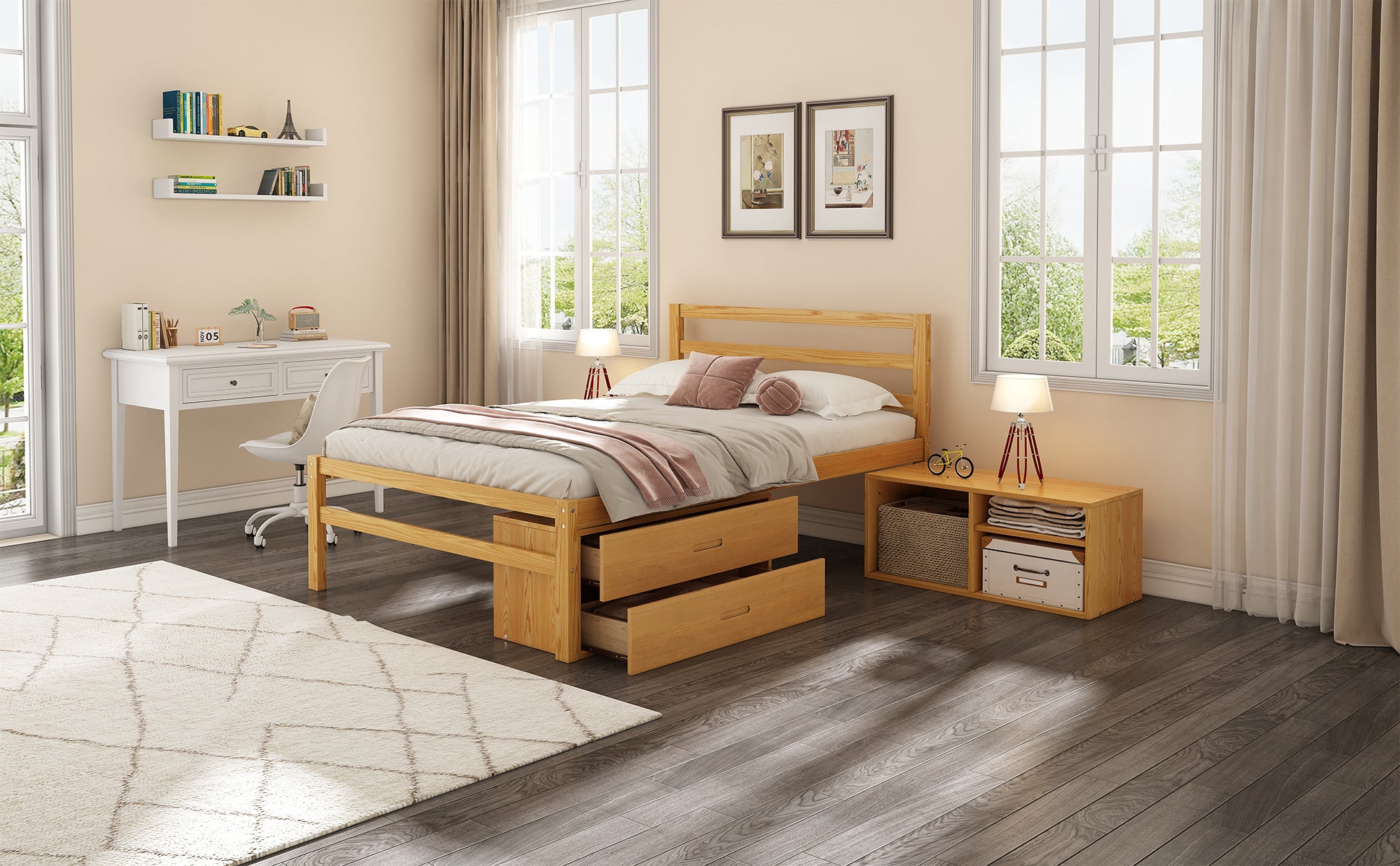 Full Size Wood Platform Bed With Removable Storage Shelves, Built In Two Storage Drawers For Added Convenience, Natural Full Natural Wood