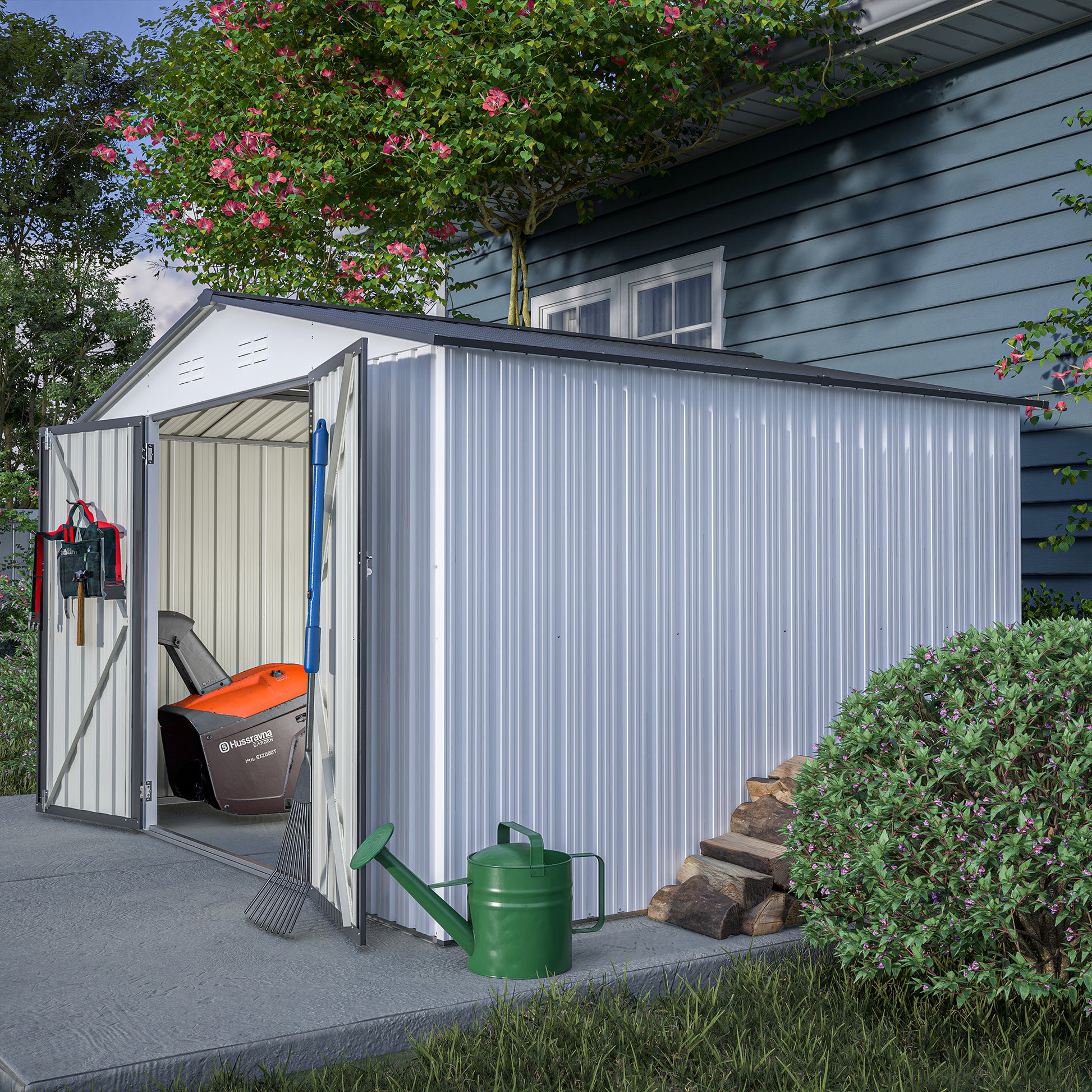 10X8 Ft Outdoor Storage Shed, All Weather Metal Sheds With Lockable Doors, Tool Shed For Garden, Patio, Backyard, Lawn, Grey White Metal