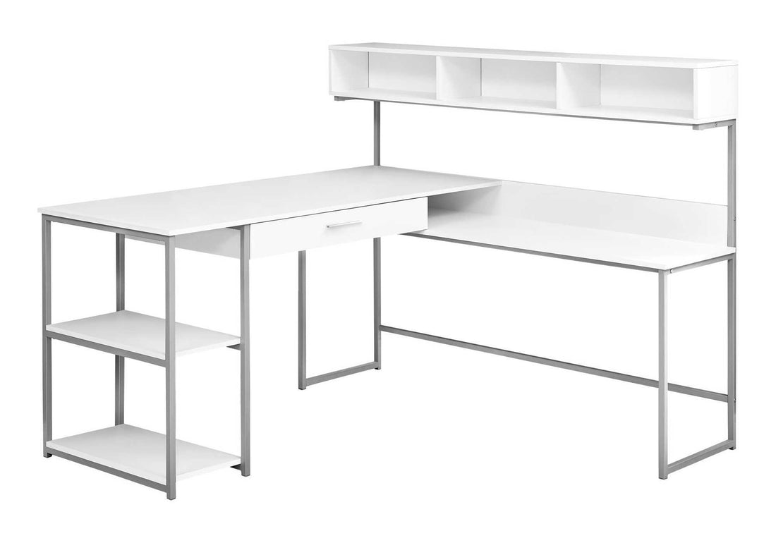 Computer Desk, Home Office, Corner, Storage Drawers, L Shape, Work, Laptop, White Laminate, Grey Metal, Contemporary, Modern White Mdf