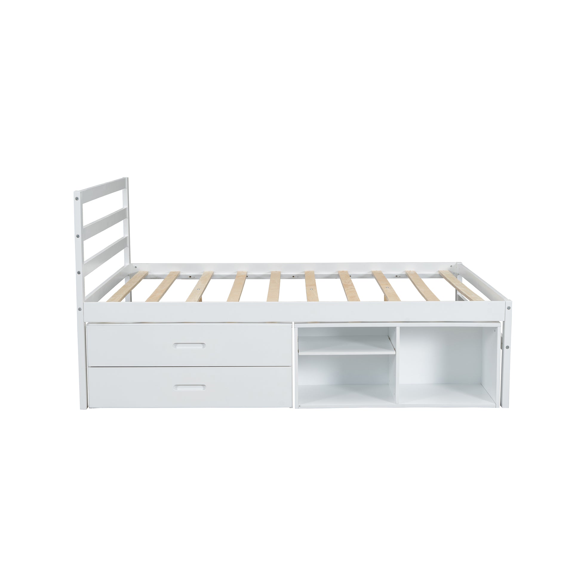 Full Size Wood Platform Bed With Removable Storage Shelves, Built In Two Storage Drawers For Added Convenience, White Full White Wood